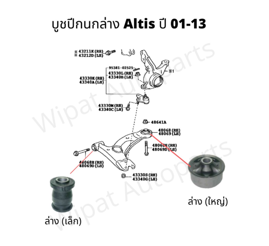 บูชปีกนก Toyota Altis อัลติส หน้าหมู ปี 01-07 , Altis ปี 08-13 ยี่ห้อ Rbi -  Wipatautoparts - วิพัฒน์ อะไหล่ยนต์